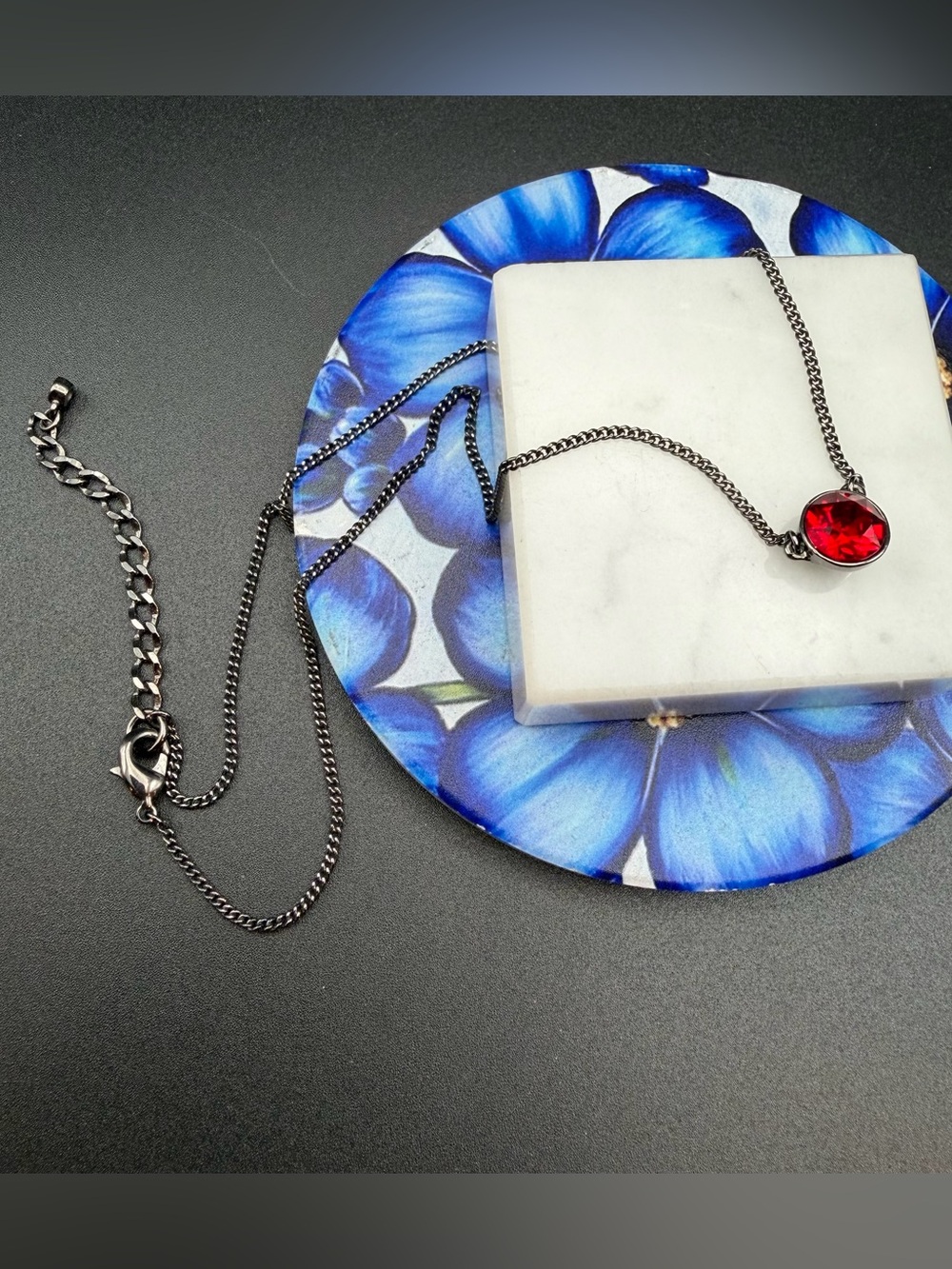 Givenchy Necklace Red stone black chain #704. 16-18”